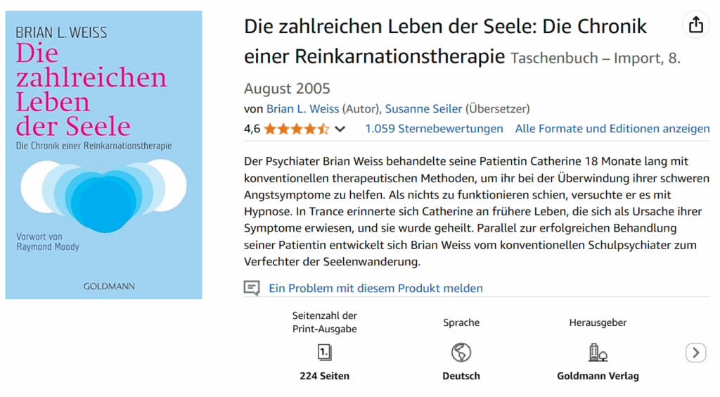 Amazon Rezession und Beschreibung des Buches "die zahlreichen Leben der Seele" mit Cover-Bild.